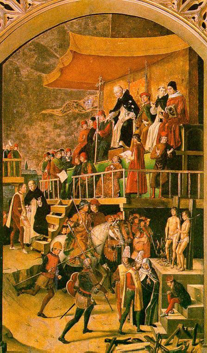 «Аутодафе», 1475 год. Аутодафе (акт веры) – означало сожжение на костре еретиков. Рисунок испанского художника Педро Берругвете.