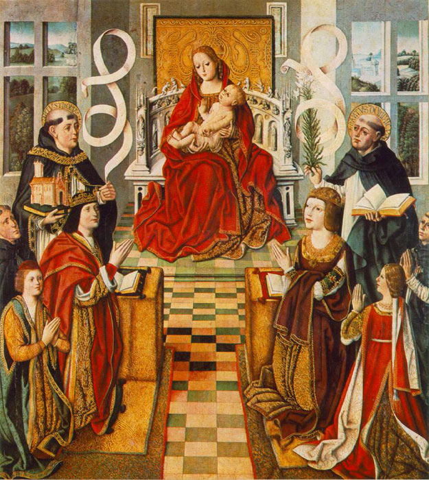 Изображение Фердинанда и Изабеллы с детьми, предстоящими перед Богоматерью.
